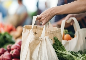 Eine Person hält Einkaufstaschen mit frischem Obst und Gemüse im Markt