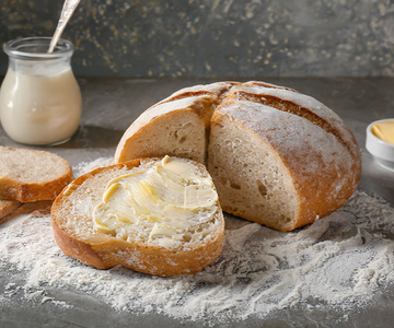 Ein Laib Brot mit einer abgeschnittenen Scheibe mit Butter und ein Glas Milch.