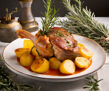 Ein Pouletschenkel mit Kartoffeln und Rosmarin.