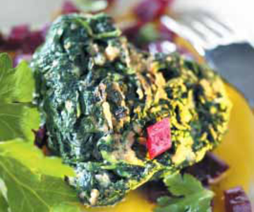 Spinatherzen mit Randenvinaigrette