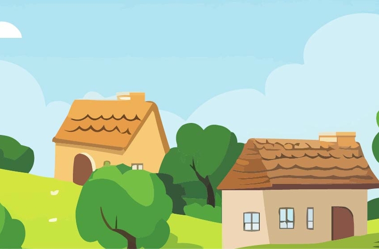Eine Zeichnung von kleinen Häusern in einer grünen Landschaft.