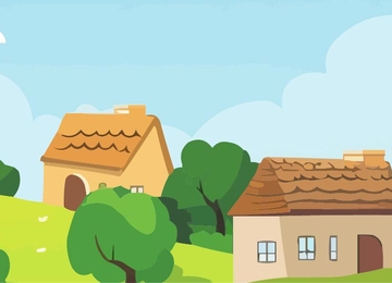 Eine Zeichnung von kleinen Häusern in einer grünen Landschaft.