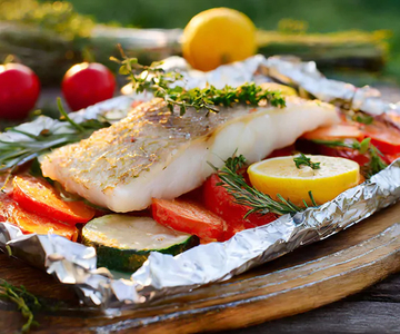 Zanderfilet auf Sommergemüse in der Folie auf dem Grill gegart
