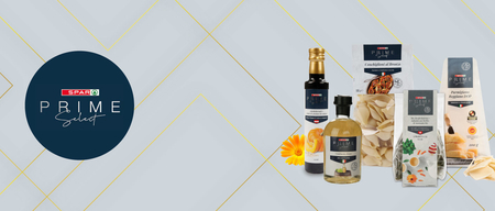 dunkelblaues Prime Select-Logo mit fünf Produkten auf grauem Hintergrund mit goldenen Designlinien