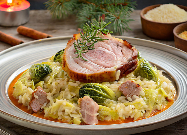 Ein Teller mit Schweinskarre auf Wirsingrisotto auf einem Tisch.