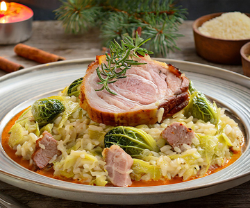 Ein Teller mit Schweinskarre auf Wirsingrisotto auf einem Tisch.