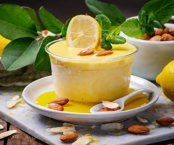 Ein Dessert aus Zitronen-Quark und Mandeln in einer gläsernen Schüssel.