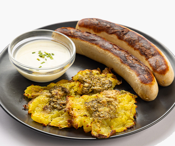 Smashed Potatoes und Bratwurst