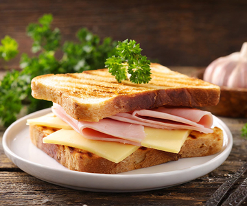Ein Schinken-Käse-Sandwich auf einem Teller.