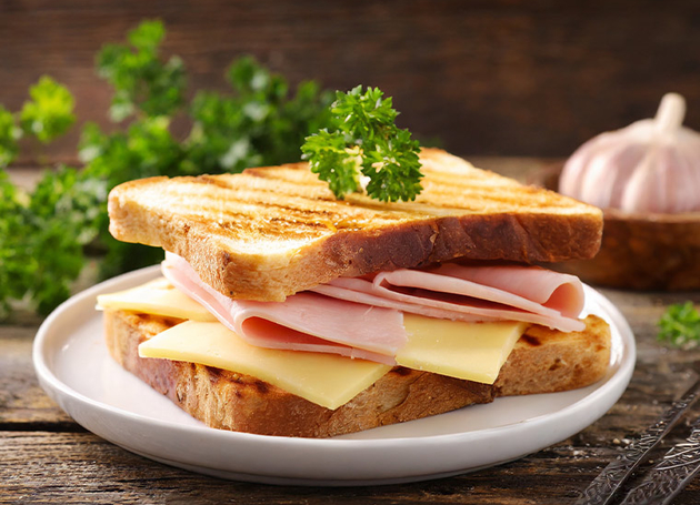 Ein Schinken-Käse-Sandwich auf einem Teller.