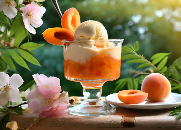 Vanilleglace mit Aprikosen im Glas auf einem Tisch. Im Hintergrund sind rosa Blumen