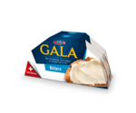 Fast halbrunde Emmi Gala Nature Käsepackung, blau-weisse Verpackung, Emmi Logo, Name GALA in gelb, Brot mit Käse abgebildet