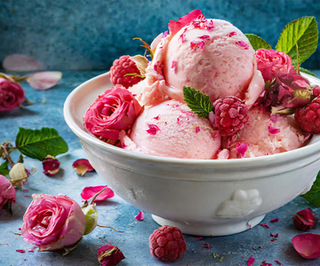 Eine Schüssel mit Eis mit Himbeeren und Rosen