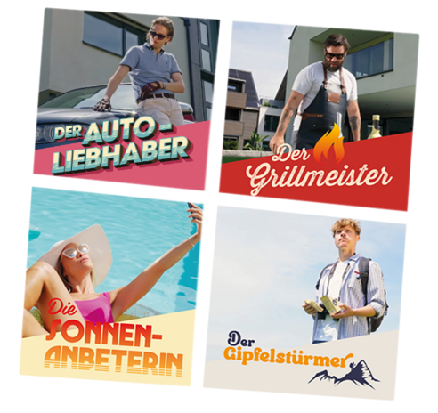 Das Bild ist in vier Frames unterteilt und zeigt vier verschiedene Sommertypen. Einen Autoliebhaber, der an ein Auto angelehnt ist, ein Grillmeister, der gerade grillt, eine Sonnenanbeterin die gerade im Pool ist und ein Selfie macht und ein Gipfelstürmer, der wandert.