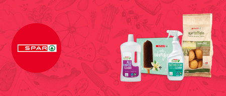 Rotes SPAR-Logo mit vier Produkten auf rot-rosa Hintergrund