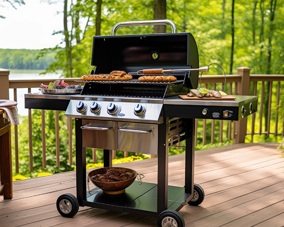 Ein Gasgrill mit verschiedenen Lebensmitteln, darunter Fleisch und Gemüse. Der Grill steht auf einer Holzterrasse mit Blick auf ein Waldgebiet und ein Gewässer im Hintergrund.