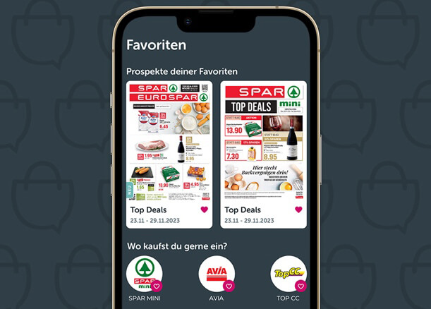 Das Handy auf schwarzem Hintergrund, das eine SPAR-Flugblatt auf der Profital-Website zeigt. 
